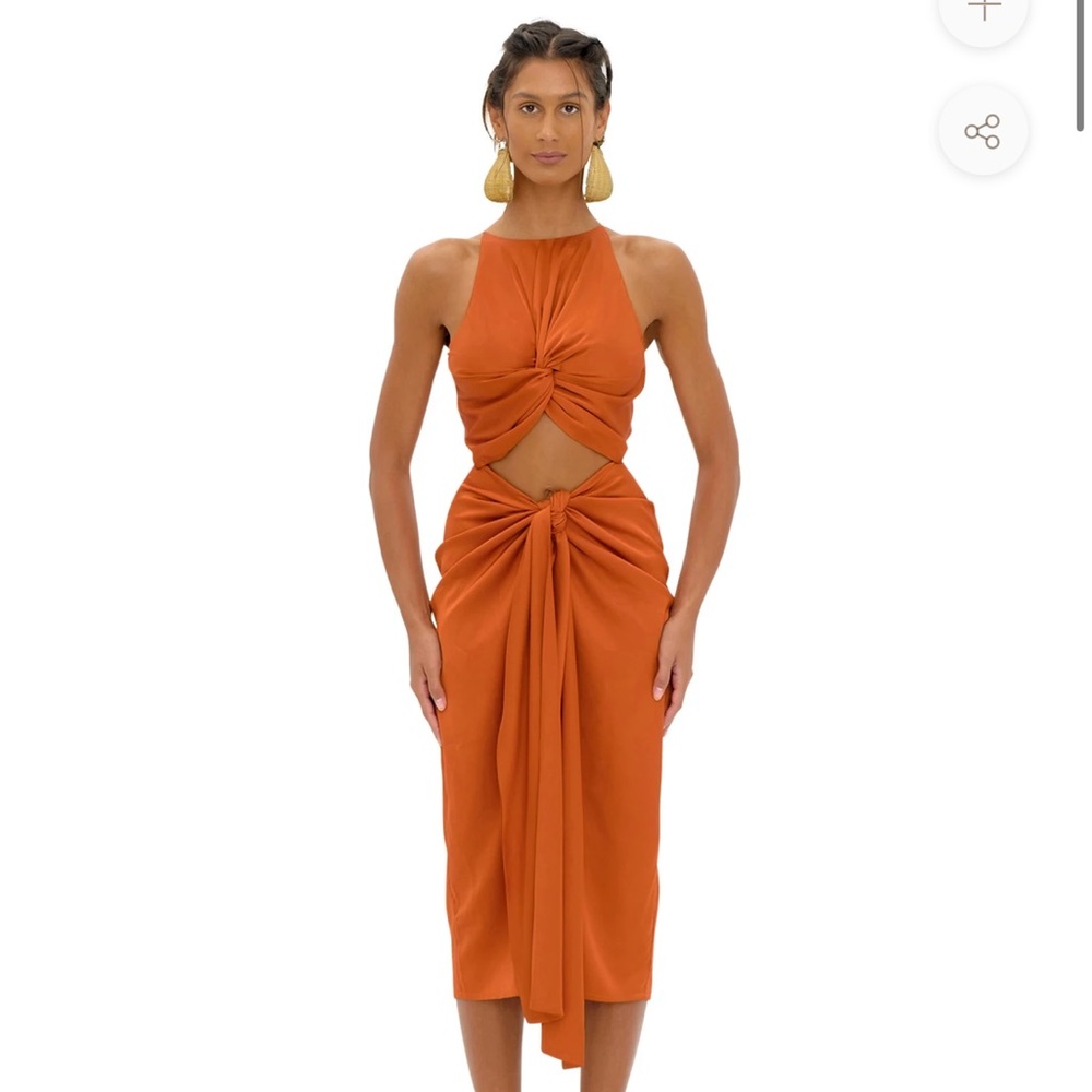 Andrea Iyamah Rust Orange Twist Cutout Midi Dress